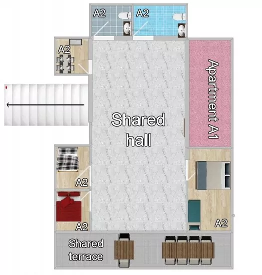 Plánek s rozmístěním místností na patře.